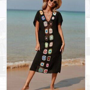 Womens Crochet Granny Square Caftan Midi Swim Cover Up Dress Beach Size  L